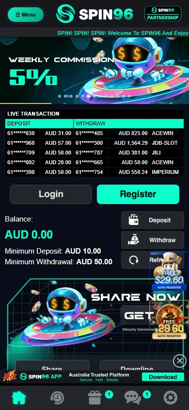 Spin96 Casino mobile casino view on a smartphone