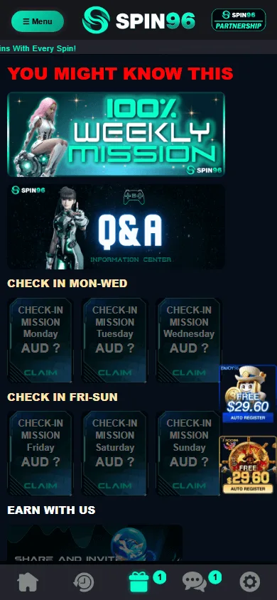 Spin96 Casino promotions page on a mobile device