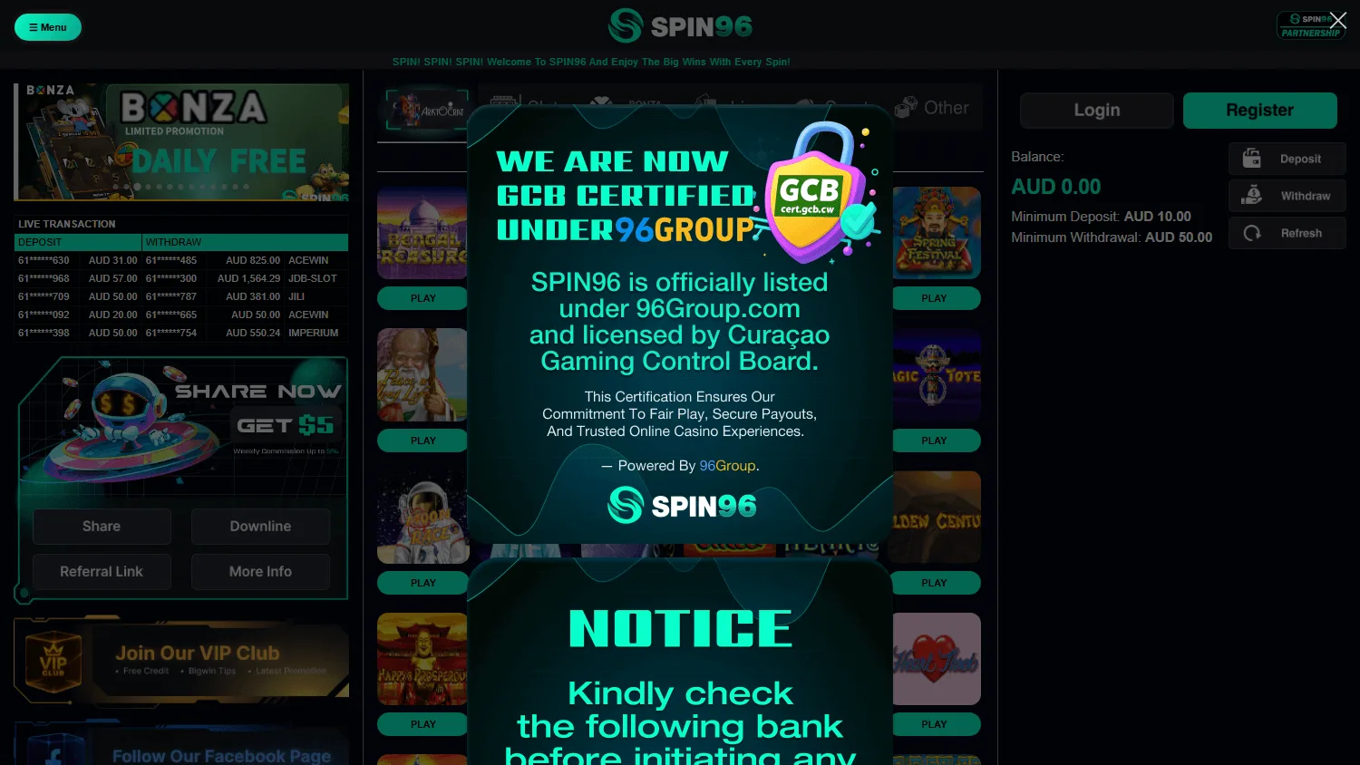 Spin96 Casino desktop home